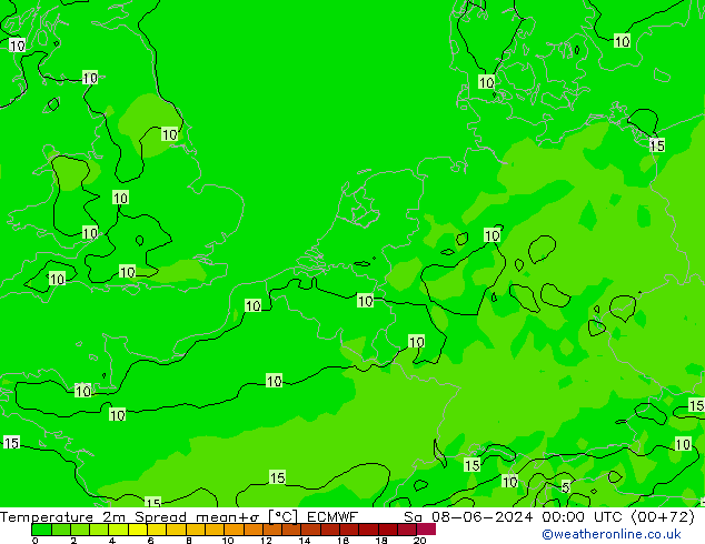 Temperature 2m Spread ECMWF Sa 08.06.2024 00 UTC
