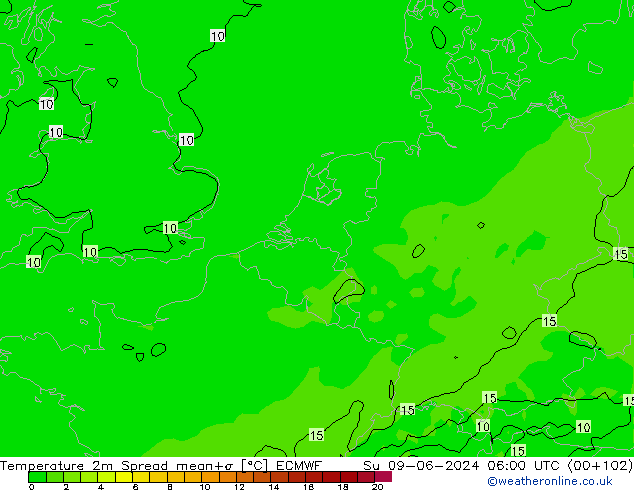 Temperatura 2m Spread ECMWF dom 09.06.2024 06 UTC