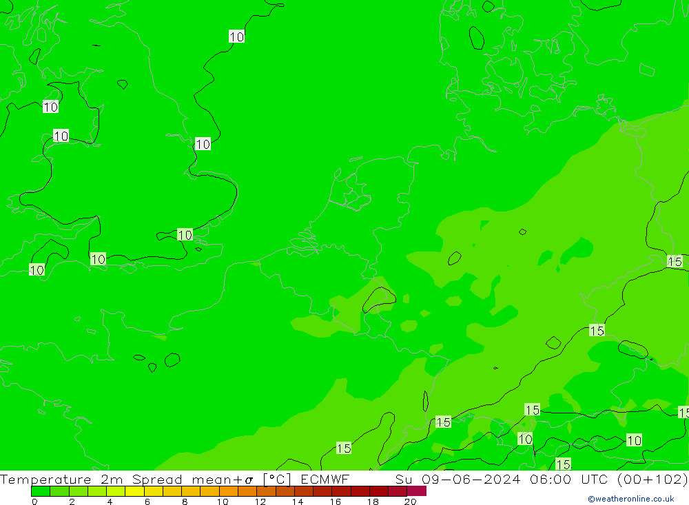 Temperatura 2m Spread ECMWF Dom 09.06.2024 06 UTC