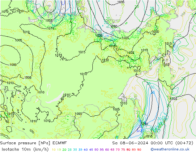 Isotachs (kph) ECMWF sab 08.06.2024 00 UTC