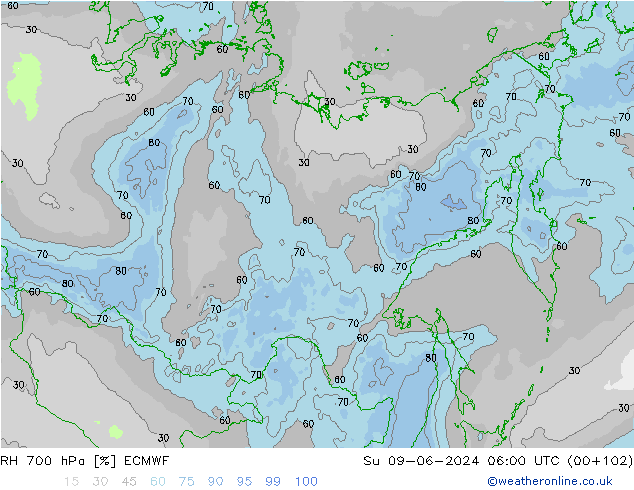 RH 700 hPa ECMWF Su 09.06.2024 06 UTC