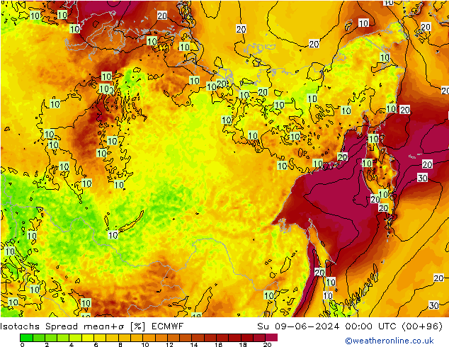 Izotacha Spread ECMWF nie. 09.06.2024 00 UTC