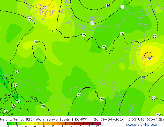 Hoogte/Temp. 925 hPa ECMWF zo 09.06.2024 12 UTC