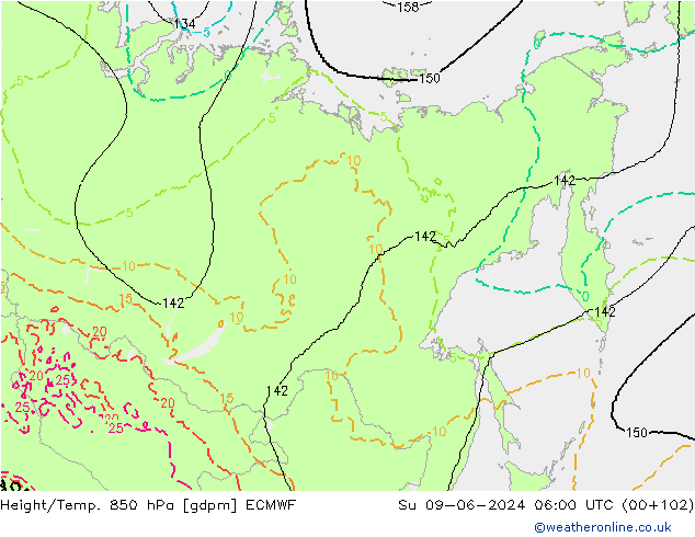 Hoogte/Temp. 850 hPa ECMWF zo 09.06.2024 06 UTC