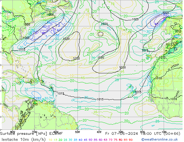 Eşrüzgar Hızları (km/sa) ECMWF Cu 07.06.2024 18 UTC