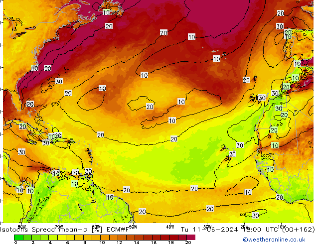 Isotachs Spread ECMWF вт 11.06.2024 18 UTC