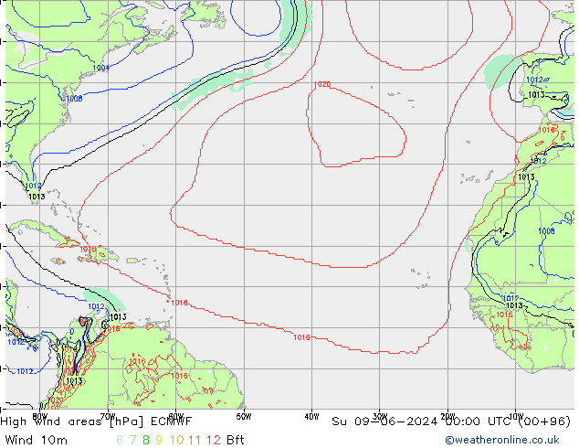 Izotacha ECMWF nie. 09.06.2024 00 UTC