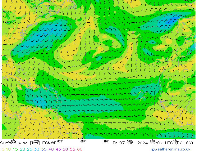 Surface wind ECMWF Pá 07.06.2024 12 UTC