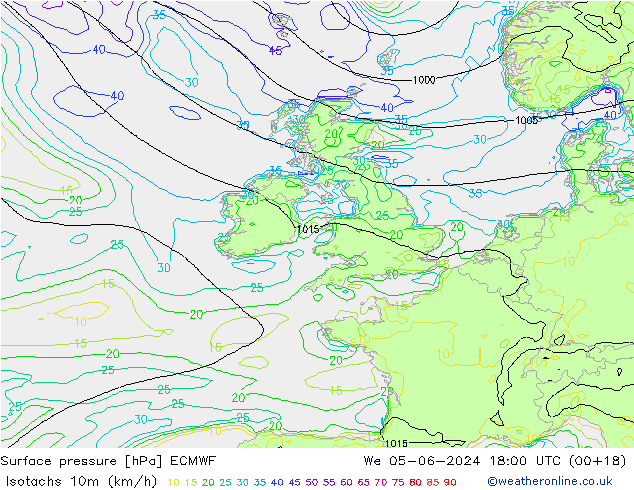 Izotacha (km/godz) ECMWF śro. 05.06.2024 18 UTC