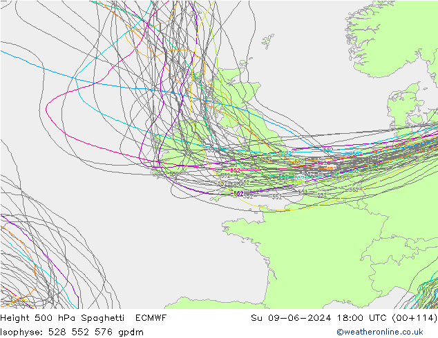 Height 500 hPa Spaghetti ECMWF  09.06.2024 18 UTC