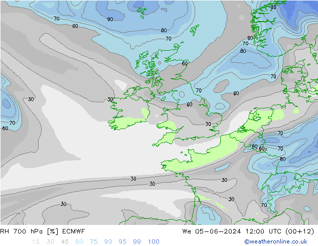 RH 700 hPa ECMWF mer 05.06.2024 12 UTC