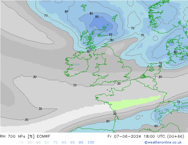 Humedad rel. 700hPa ECMWF vie 07.06.2024 18 UTC