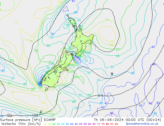 Isotachen (km/h) ECMWF do 06.06.2024 00 UTC