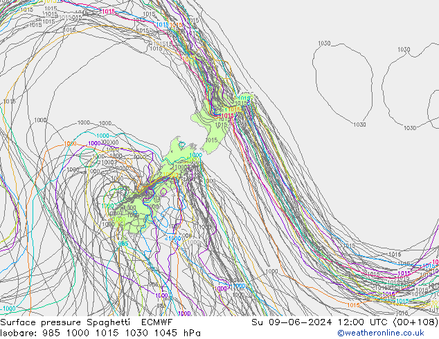 Luchtdruk op zeeniveau Spaghetti ECMWF zo 09.06.2024 12 UTC