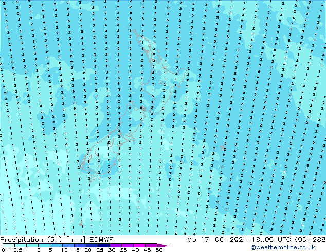 Precipitation (6h) ECMWF Po 17.06.2024 00 UTC