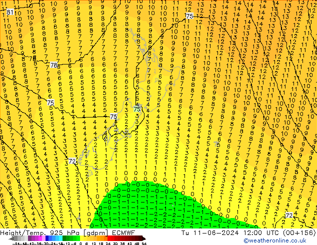 Height/Temp. 925 гПа ECMWF вт 11.06.2024 12 UTC