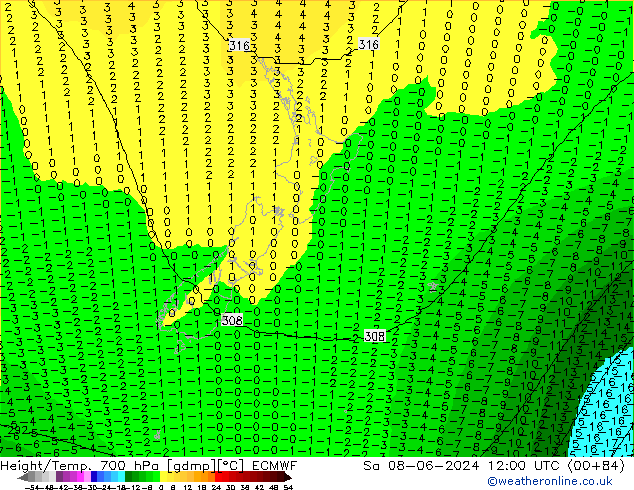 Height/Temp. 700 hPa ECMWF Sa 08.06.2024 12 UTC