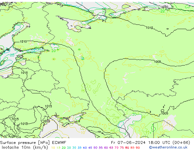 Isotachen (km/h) ECMWF vr 07.06.2024 18 UTC