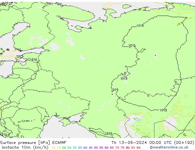 Izotacha (km/godz) ECMWF czw. 13.06.2024 00 UTC