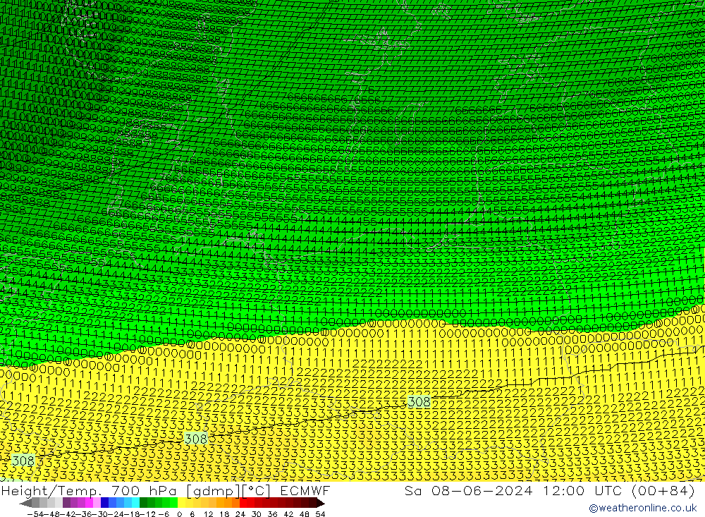 Height/Temp. 700 hPa ECMWF sab 08.06.2024 12 UTC