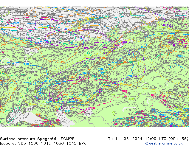 Atmosférický tlak Spaghetti ECMWF Út 11.06.2024 12 UTC