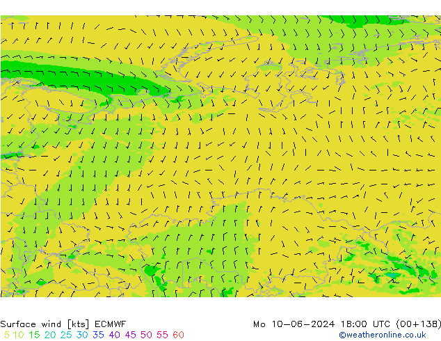 Surface wind ECMWF Mo 10.06.2024 18 UTC