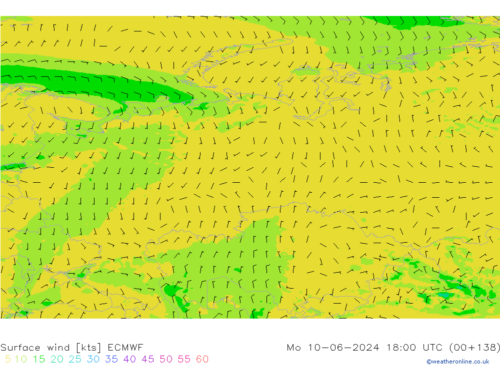 Surface wind ECMWF Mo 10.06.2024 18 UTC