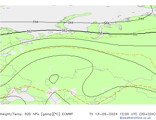 Height/Temp. 500 hPa ECMWF Čt 13.06.2024 12 UTC