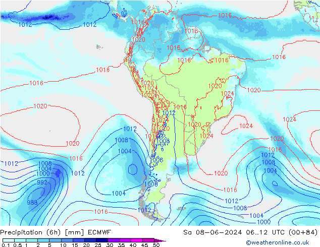 Precipitation (6h) ECMWF Sa 08.06.2024 12 UTC