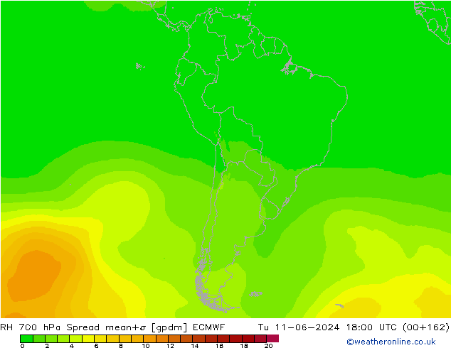 700 hPa Nispi Nem Spread ECMWF Sa 11.06.2024 18 UTC