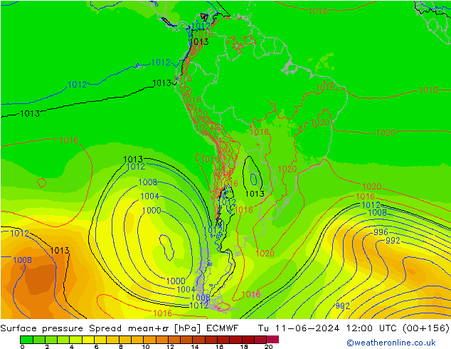 Pressione al suolo Spread ECMWF mar 11.06.2024 12 UTC