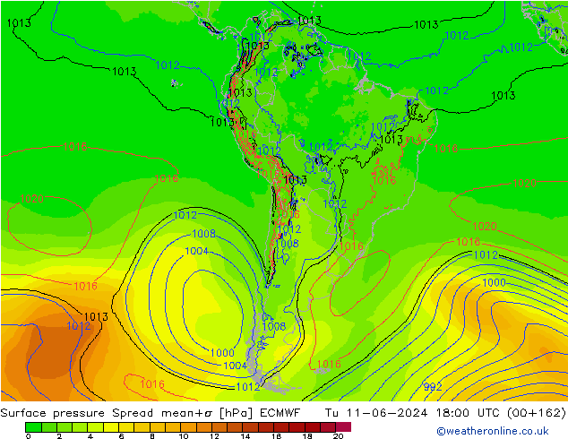 Pressione al suolo Spread ECMWF mar 11.06.2024 18 UTC