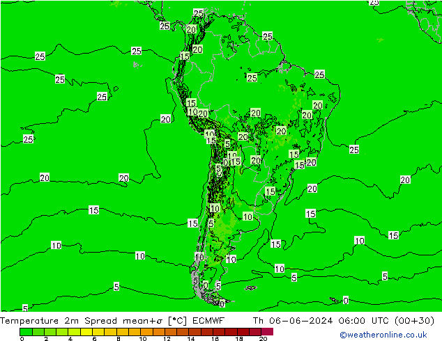 Temperature 2m Spread ECMWF Th 06.06.2024 06 UTC