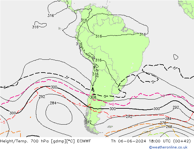 Height/Temp. 700 hPa ECMWF Th 06.06.2024 18 UTC