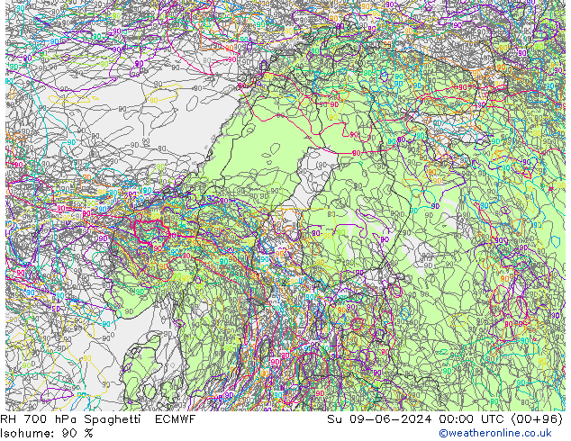 RH 700 hPa Spaghetti ECMWF  09.06.2024 00 UTC