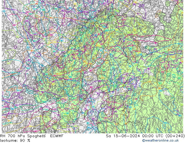 RH 700 hPa Spaghetti ECMWF Sáb 15.06.2024 00 UTC