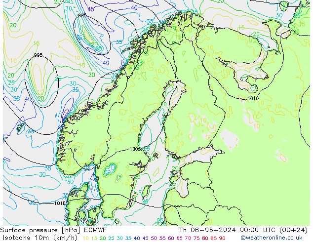 Izotacha (km/godz) ECMWF czw. 06.06.2024 00 UTC