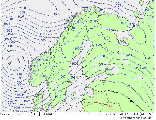 Bodendruck ECMWF Sa 08.06.2024 06 UTC