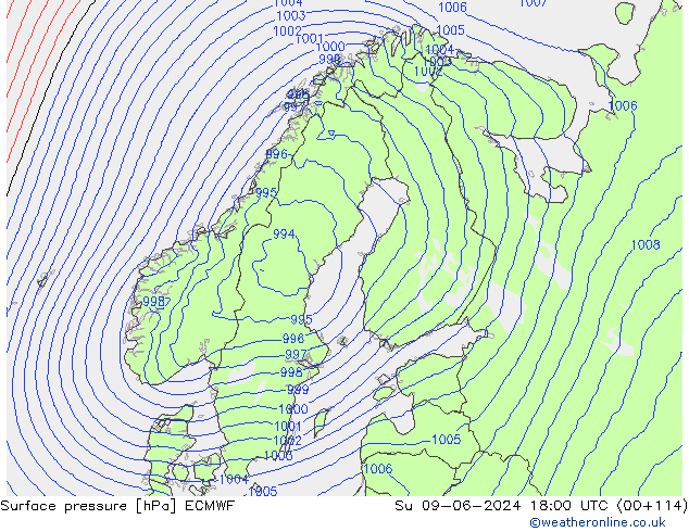 Presión superficial ECMWF dom 09.06.2024 18 UTC