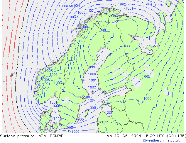 Surface pressure ECMWF Mo 10.06.2024 18 UTC