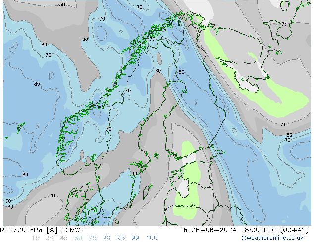 RH 700 hPa ECMWF Th 06.06.2024 18 UTC