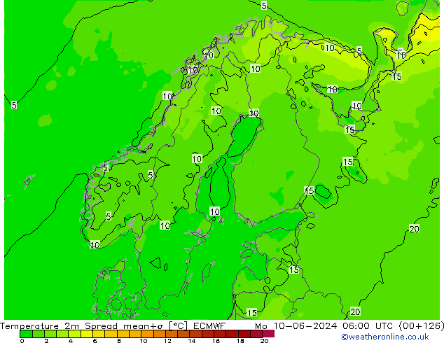 température 2m Spread ECMWF lun 10.06.2024 06 UTC