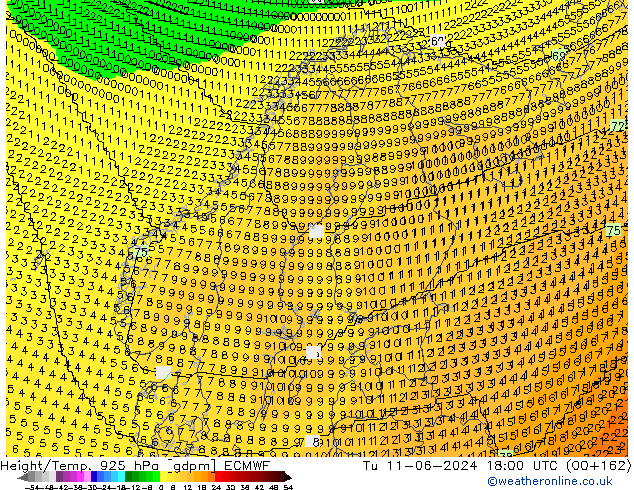 Height/Temp. 925 hPa ECMWF Tu 11.06.2024 18 UTC