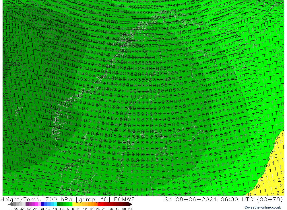 Height/Temp. 700 hPa ECMWF sab 08.06.2024 06 UTC