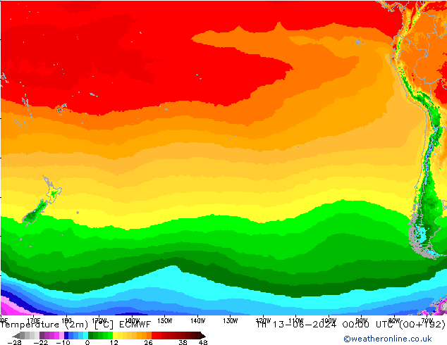 Temperatuurkaart (2m) ECMWF do 13.06.2024 00 UTC