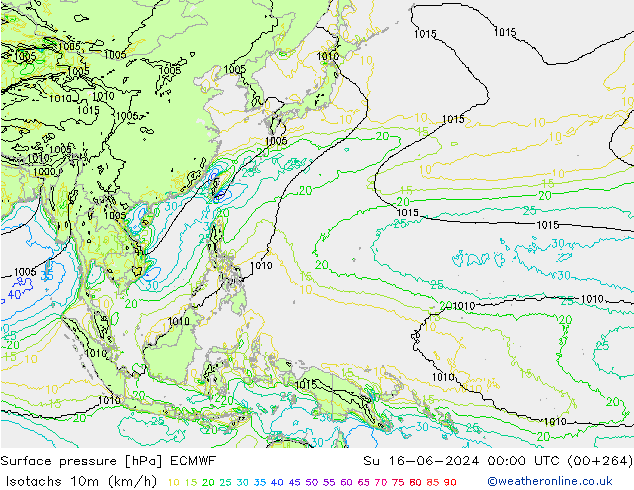 Isotachs (kph) ECMWF  16.06.2024 00 UTC