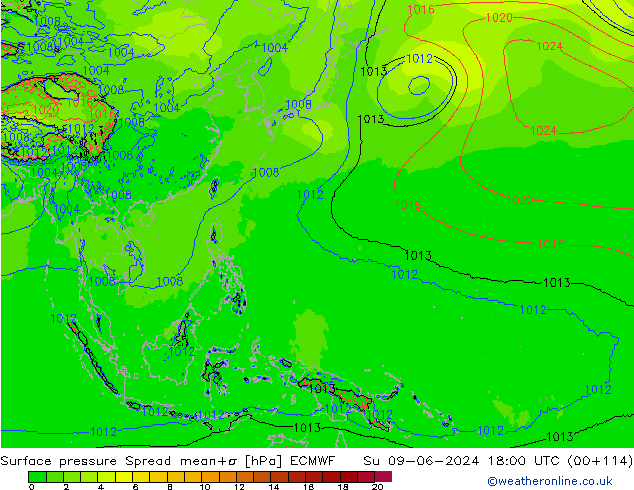 Surface pressure Spread ECMWF Su 09.06.2024 18 UTC