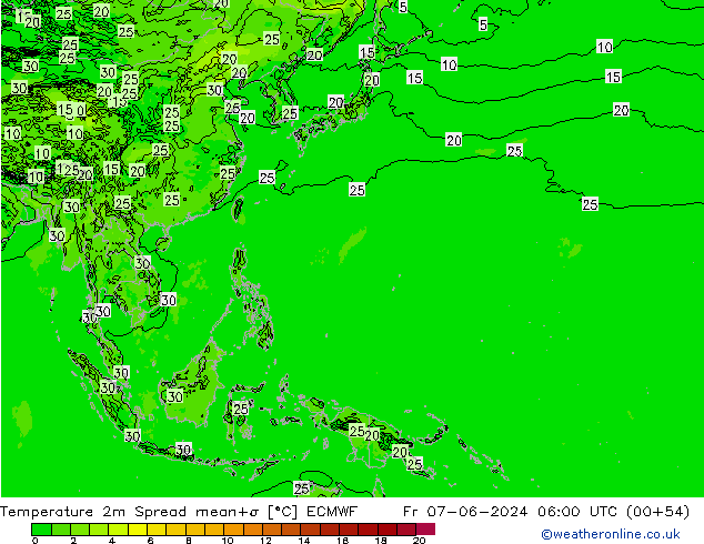 Temperature 2m Spread ECMWF Fr 07.06.2024 06 UTC