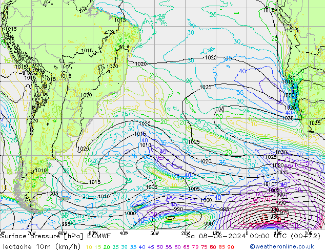 Isotachs (kph) ECMWF sab 08.06.2024 00 UTC