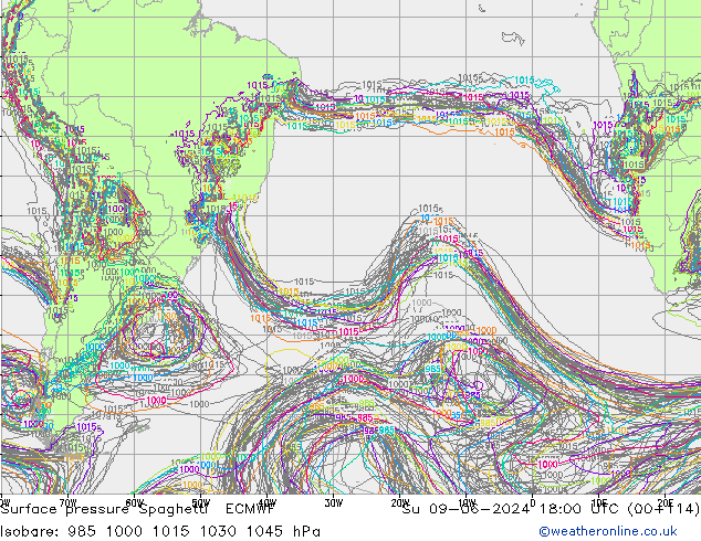 Luchtdruk op zeeniveau Spaghetti ECMWF zo 09.06.2024 18 UTC